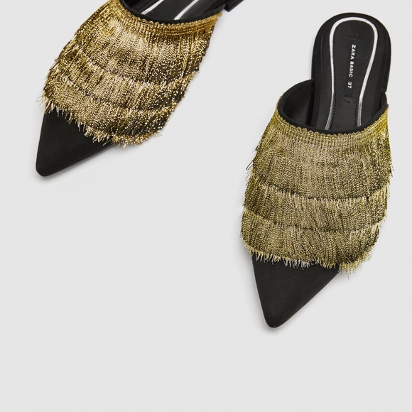 ZARA FLAT GOLD MULES WITH FRINGE FLAPPER SLIP ON - Picture 6 of 8